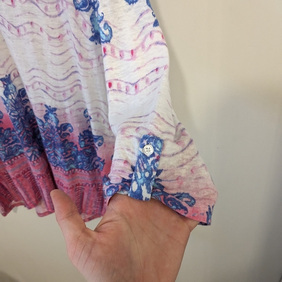 Chico's 100% Linen White Blue Pink Bohemian Split Neck Tunic Shirt - Picture 3 of 8